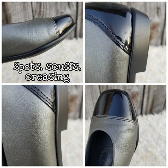 Square Toe Flats SAS Coco Size 6.5 Graphite Two Tone Grey Black Leather Cap Toe - Picture 10 of 14